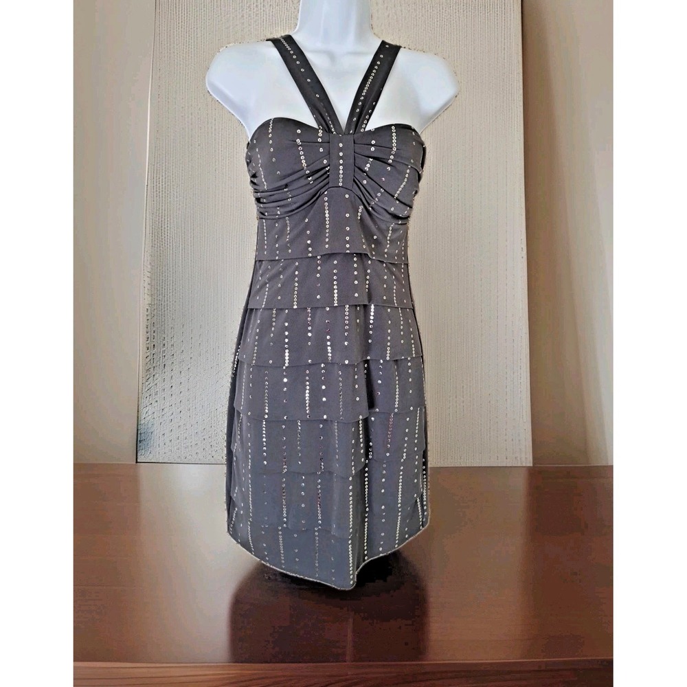 Be‎ Darlin Mini Dress Jr. 11/12 Gray Faux Sequin Layered Halter Empire Waist USA
